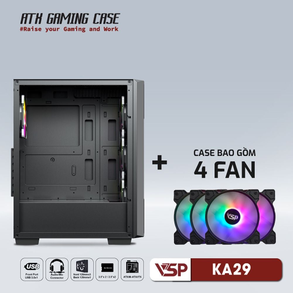 Thùng máy Case VSP KA-29 Black + 4 Fan Led