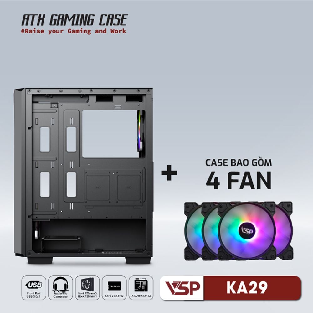 Thùng máy Case VSP KA-29 Black + 4 Fan Led