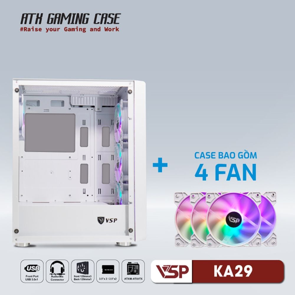 Thùng máy Case VSP KA-29 White + 4 Fan Led