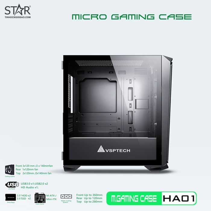 Thùng máy Case VSP Gaming HA01 Black | Đen, Không Fan