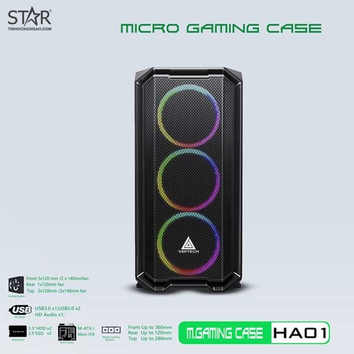 Thùng máy Case VSP Gaming HA01 Black | Đen, Không Fan