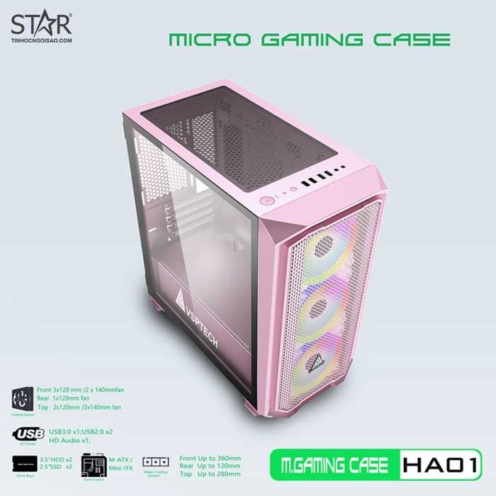 Thùng máy Case VSP Gaming HA01 Pink (No Fan)