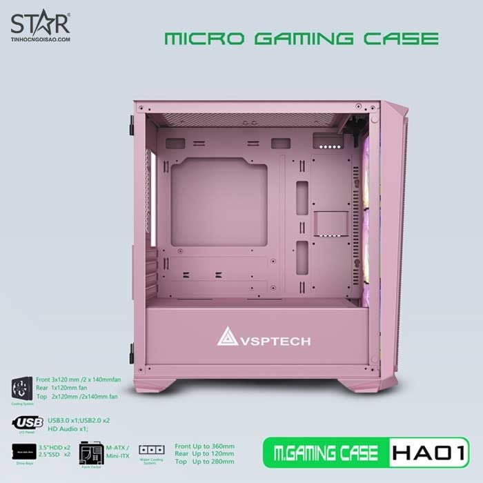 Thùng máy Case VSP Gaming HA01 Pink (No Fan)