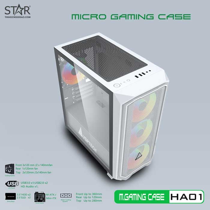 Thùng máy Case VSP Gaming HA01 White (No Fan)