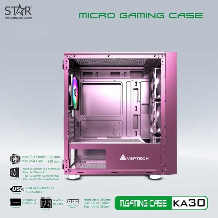 Thùng máy Case VSP Gaming KA30 Pink (No Fan)