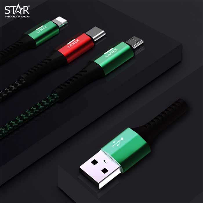 Cáp Sạc Nhanh Type-C USB 5.0A Lanex LTC-P15C – Dài 1.2m (Dây dù, Tự ngắt, Đèn Led)