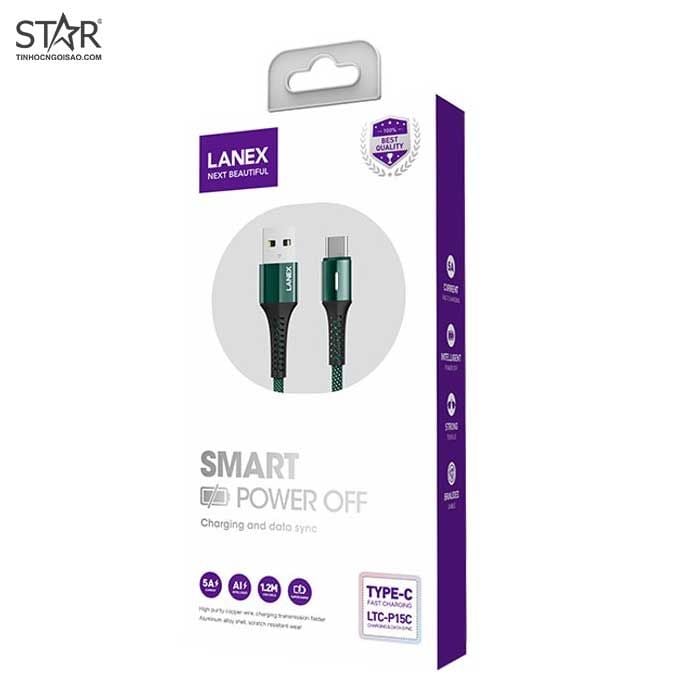 Cáp Sạc Nhanh Type-C USB 5.0A Lanex LTC-P15C – Dài 1.2m (Dây dù, Tự ngắt, Đèn Led)