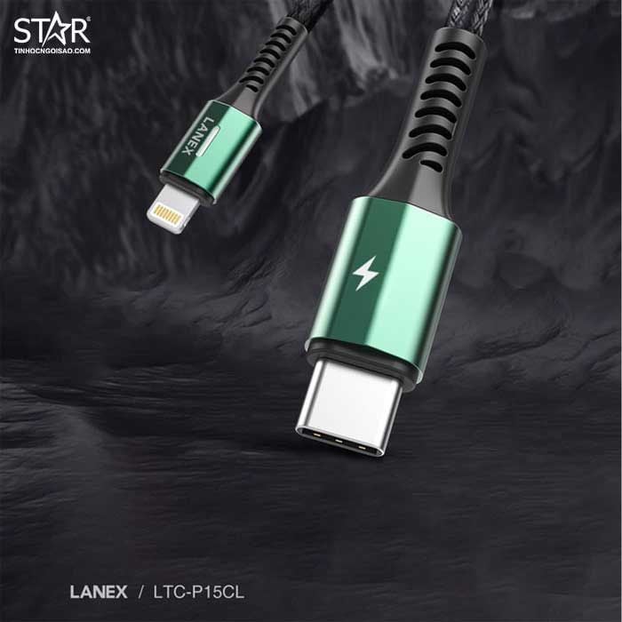 Cáp Sạc Nhanh Type-C to Lightning Lanex P15CL – Dài 1.2m (Dây dù, Tự ngắt, Đèn Led)