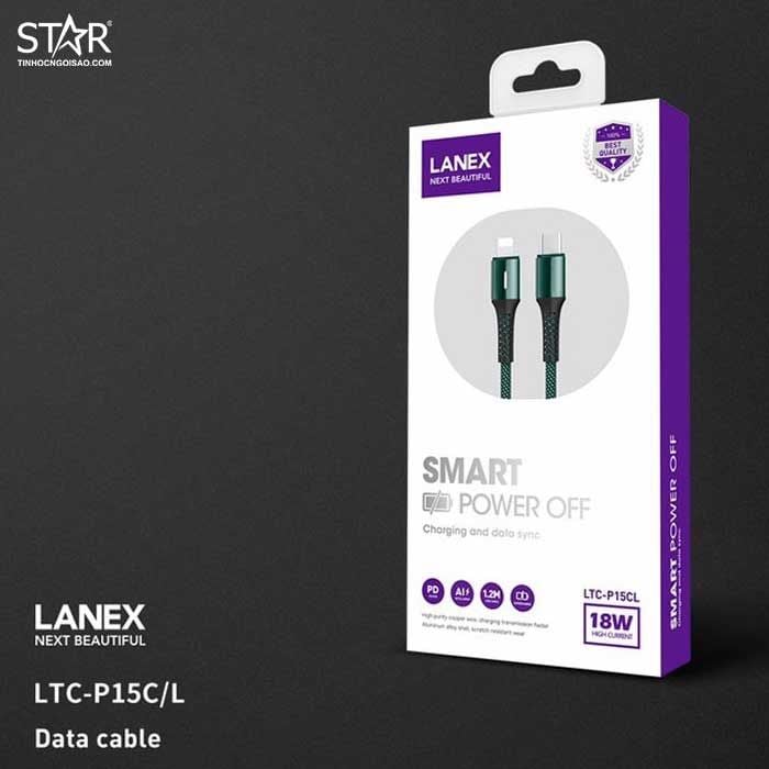 Cáp Sạc Nhanh Type-C to Lightning Lanex P15CL – Dài 1.2m (Dây dù, Tự ngắt, Đèn Led)