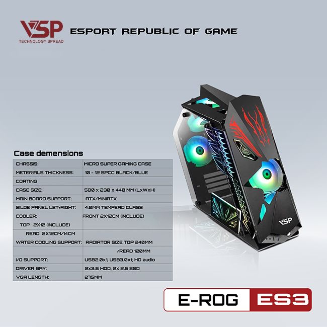 Thùng máy Case VSP ESPORT ROG ES3 Gaming | Đen, kèm sẵn 5 Fan RGB