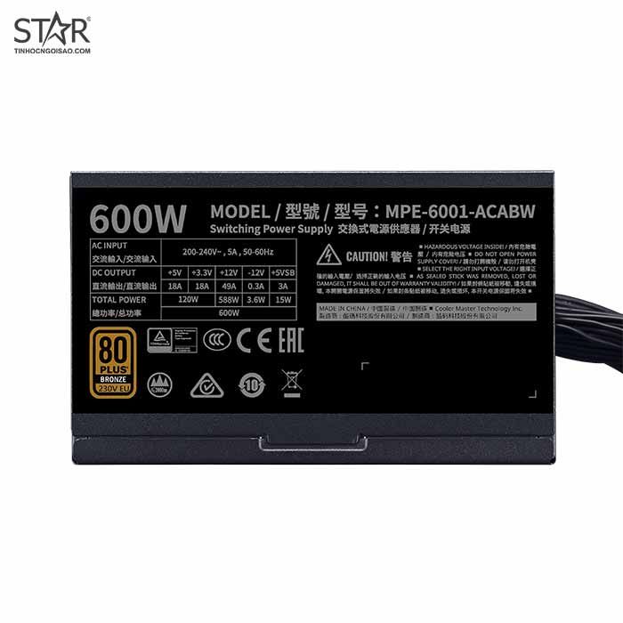 Nguồn Cooler Master 600W MWE 600 V2 230V 80 Plus Bronze (MPE-6001-ACABW-BEU)