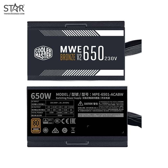 Nguồn Cooler Master 650W MWE 650 V2 230V 80 Plus Bronze (MPE-6501-ACABW-B)