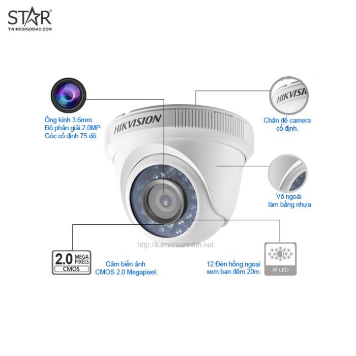 Camera Dome HDTVI 2MP Hikvision DS-2CE56D0T-IRP vỏ nhựa