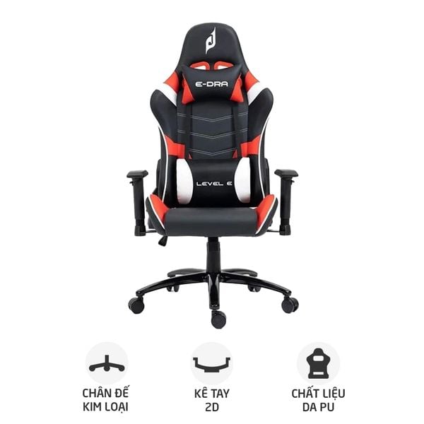  Ghế gaming E DRA Level E EGC229 | Đen đỏ, 150kg, Chân xoay, Da PU 
