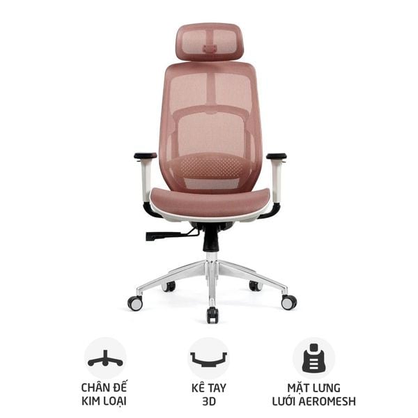  Ghế công thái học HYPERWORK Airy | Hồng, 120kg, Chân xoay, Lưng lưới 