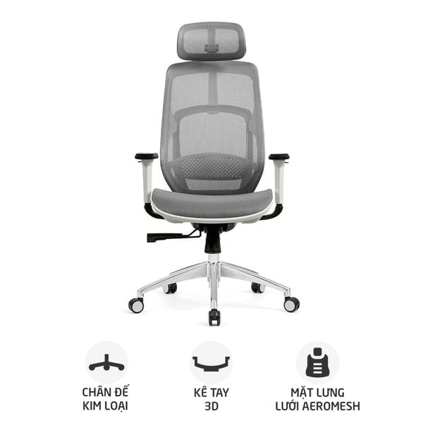  Ghế công thái học HYPERWORK Airy | Trắng, 120kg, Chân xoay, Lưng lưới 