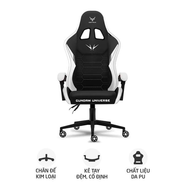  Ghế gaming CENTAUR Gundam Universe | Đen trắng, 150kg, Chân xoay, Da PU 