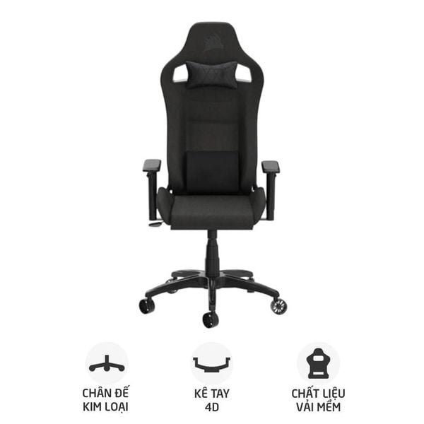  Ghế gaming CORSAIR T3 RUSH | Đen, 120kg, Chân xoay, Lưng vải (CF-9010057-WW) 