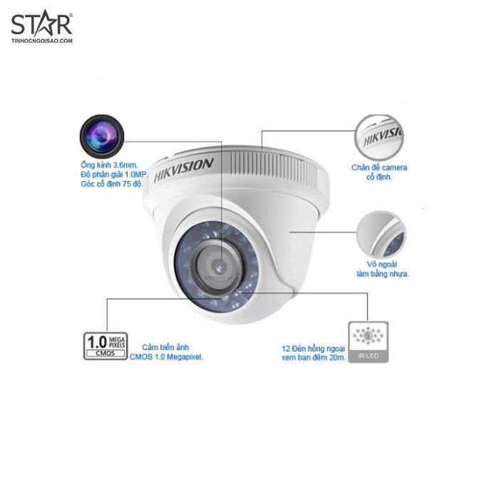 Camera Dome HDTVI 1MP Hikvision DS-2CE56C0T-IRP vỏ nhựa