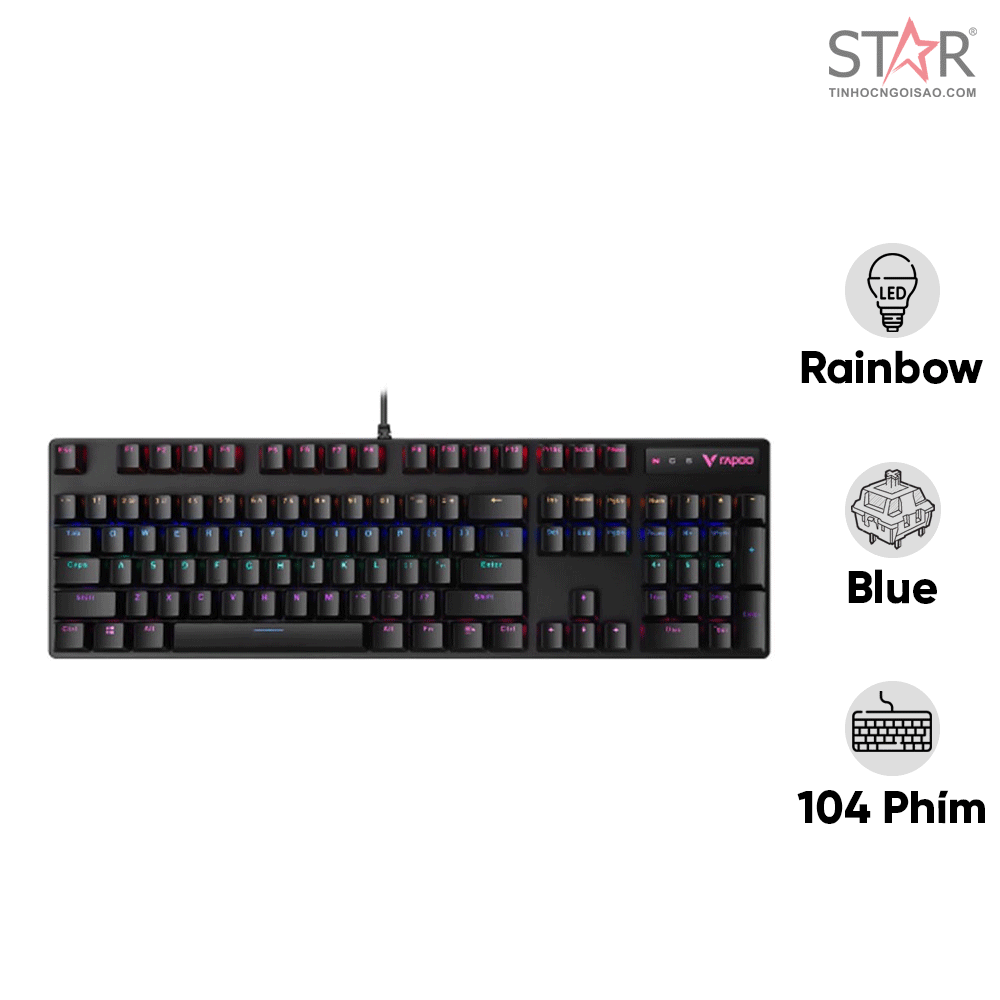 Bàn Phím Cơ Rapoo V500 Pro | Đen, LED Rainbow, Blue Switch, 104 Phím