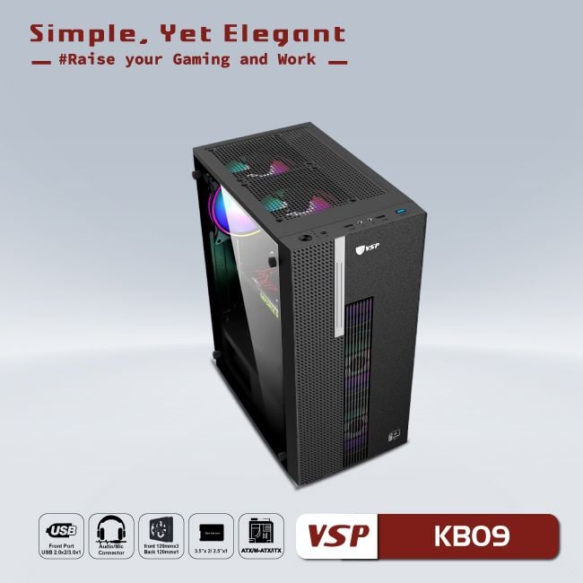 Thùng máy Case VSP Esport Gaming KB09 Black | Đen, Không Fan