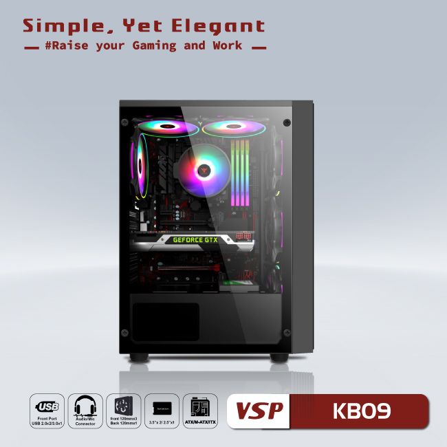 Thùng máy Case VSP Esport Gaming KB09 Black | Đen, Không Fan