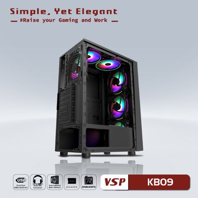 Thùng máy Case VSP Esport Gaming KB09 Black | Đen, Không Fan