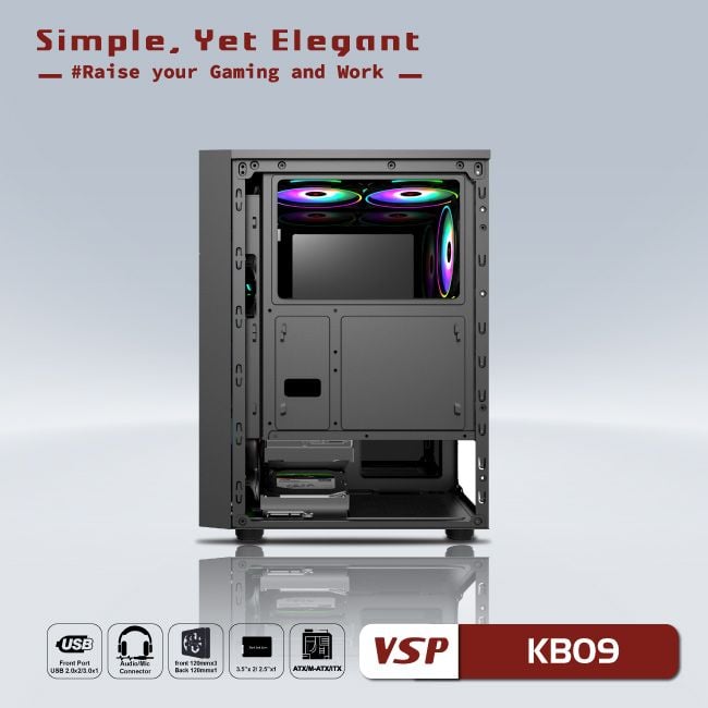 Thùng máy Case VSP Esport Gaming KB09 Black | Đen, Không Fan