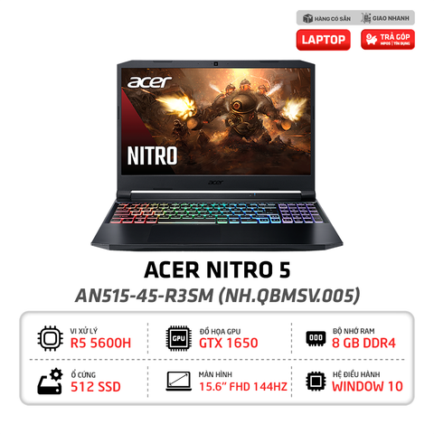 Laptop Acer Nitro 5 AN515-45-R3SM (N20C1_NH.QBMSV.005) R5-5600H | GTX 1650 4G | RAM 8G | SSD 512G | Win10 | 15.6 inch FHD IPS 144Hz | Đen | [ HÀNG TRƯNG BÀY]