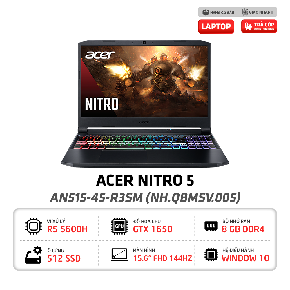 Laptop Acer Nitro 5 AN515-45-R3SM (N20C1_NH.QBMSV.005) R5-5600H | GTX 1650 4G | RAM 8G | SSD 512G | Win10 | 15.6 inch FHD IPS 144Hz | Đen | [ HÀNG TRƯNG BÀY]