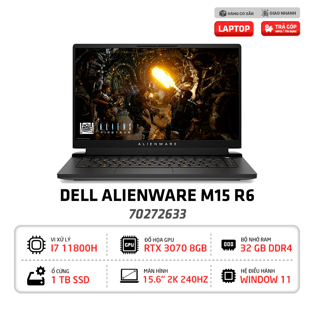 Laptop Dell Gaming Alienware M15 R6 (70272633) I7 11800H | RTX 3070 8GB | RAM 32GB | SSD 1TB | Win11 + OfficeHS21 | FP | RGB Keyboard | 15.6 inch QHD 240Hz | Dark Side of the Moon