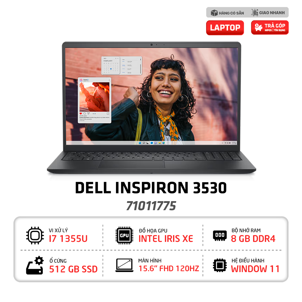 Laptop Dell Inspiron 3530 71011775 | i7-1355U, 8GB RAM, 512GB SSD, Intel Iris Xe, 15.6 inch Full HD, Win 11, Office (Đen)