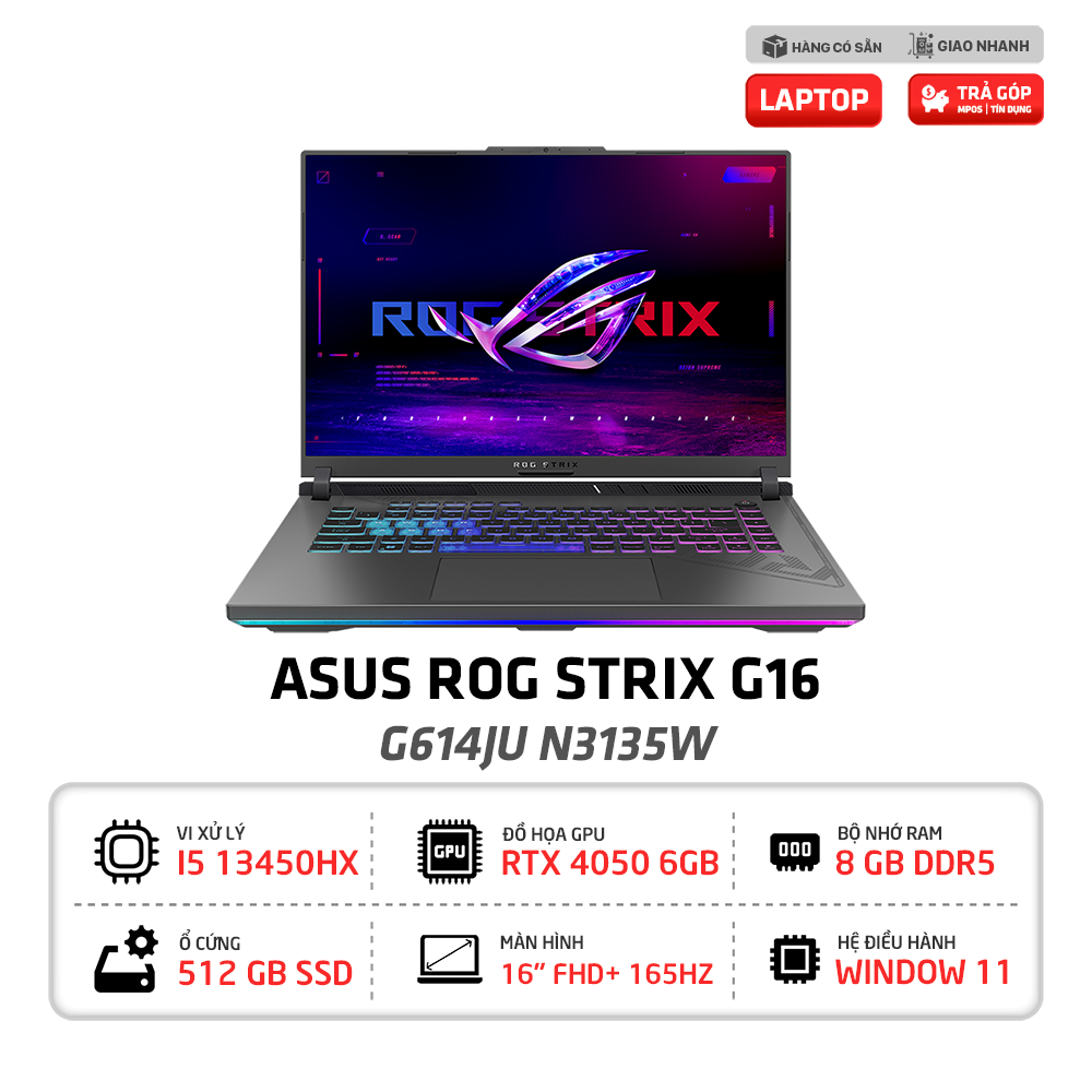 Laptop Gaming Asus ROG Strix G16 G614JU N3135W i5-13450HX | 8GB | 512GB | RTX 4050 6GB | 16 inch FHD+ | Win 11 (Xám)