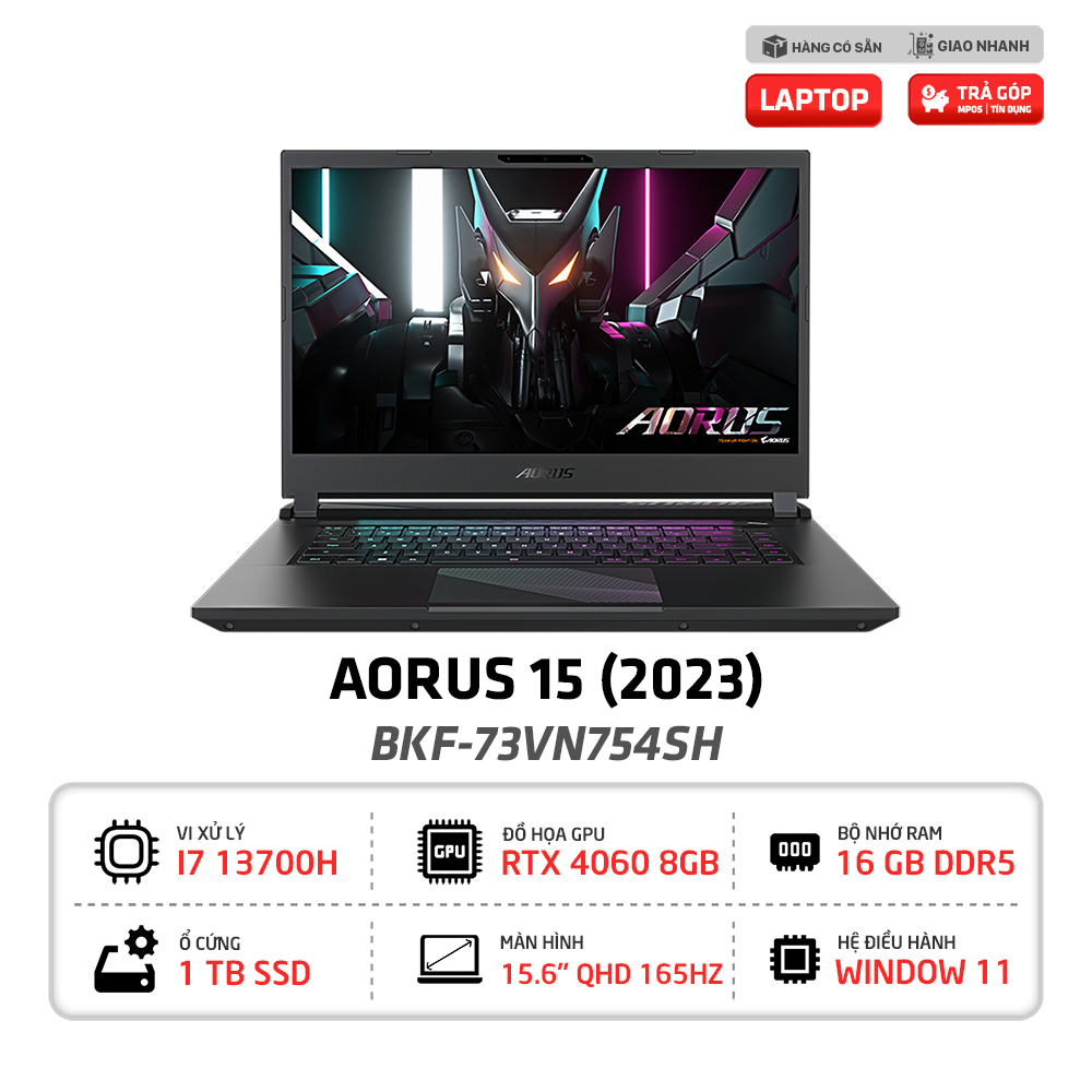 Laptop GIGABYTE AORUS 15 BKF-73VN754SH | Chip Intel Core i7-13700H, Ram 16GB, SSD 1TB, 15.6 inch QHD 165Hz , RTX 4060 8GB, Win11 (Black)