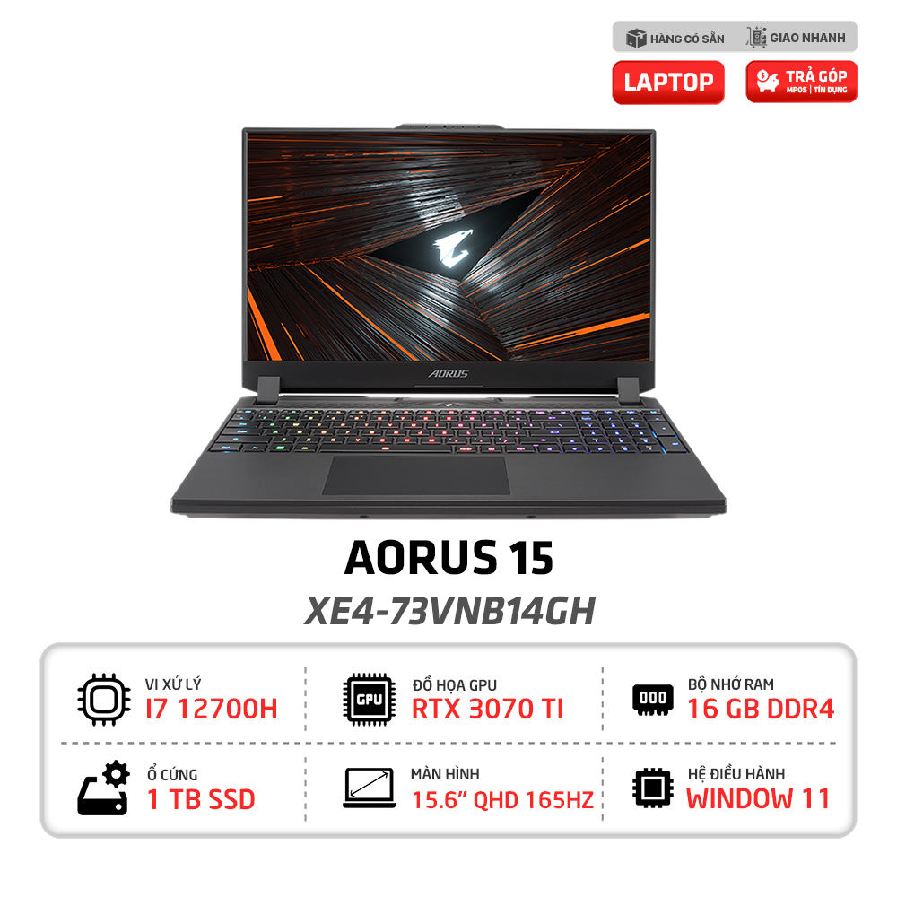 Laptop Gigabyte AORUS 15 XE4 73VNB14GH i7-12700H | 16GB | 1TB SSD | GeForce RTX 3070Ti 8GB | 15.6 inch QHD IPS 165Hz | Win11 (Black)