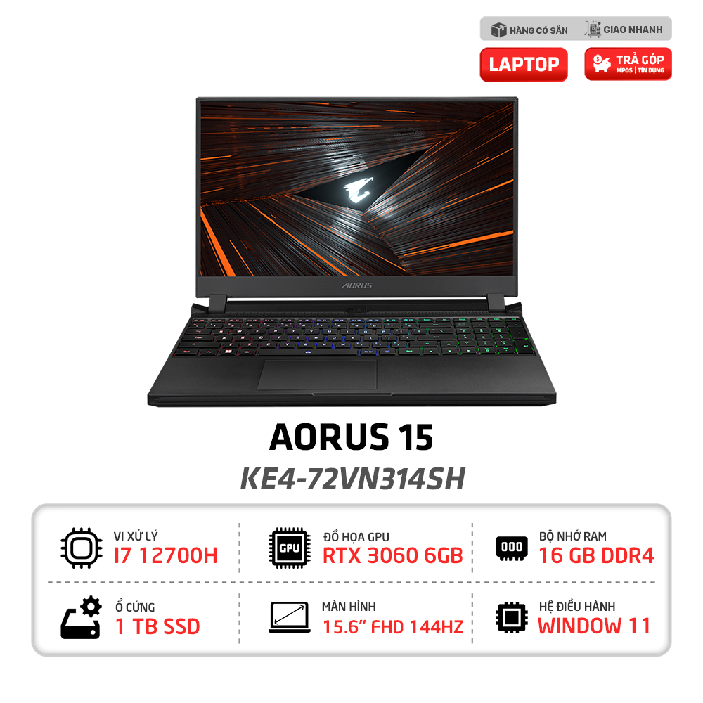 Laptop GIGABYTE AORUS 5 KE4-72VN314SH | Chip Intel Core i7-12700H, Ram 16GB, SSD 1TB, 15.6 inch FHD 144Hz, RTX 3060 6GB, Win11 (Black)