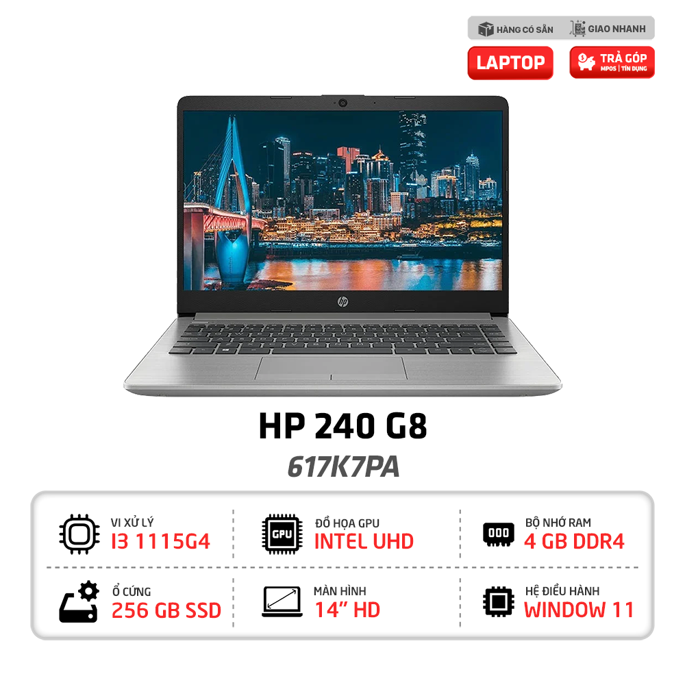 Laptop HP 240 G8 617K7PA | i3 1115G4, 4GB RAM, 256GB SSD, INTEL GRAPHICS, 14 inch HD, 3 CELL, WLAN AC+BT, WIN11 HOME 64