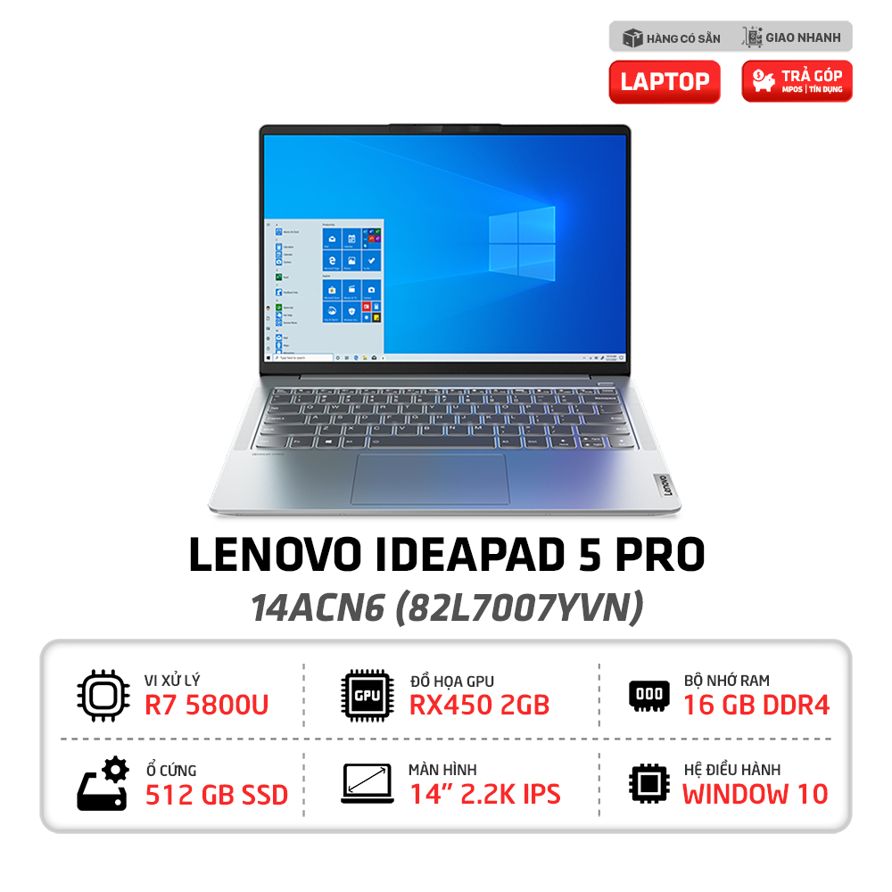 Laptop Lenovo Gaming IdeaPad 5 Pro 14ACN6 82L7007YVN R7-5800U | RX450 2GB | 16G | 512G | Win10 | KBL | 14.0 inch 2.2K IPS (Cloud Grey) [HÀNG TRƯNG BÀY]