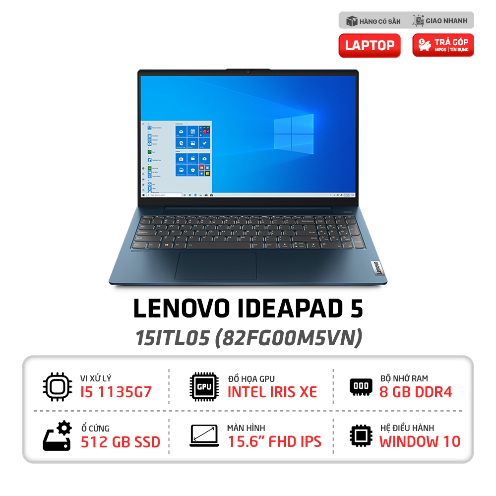 Laptop Lenovo IdeaPad 5 15ITL05 82FG00M5VN i5-1135G7 | 8GB | 512GB | Intel Iris Xe | 15.6 inch FHD | Win 10 (Xanh) [HÀNG TRƯNG BÀY]