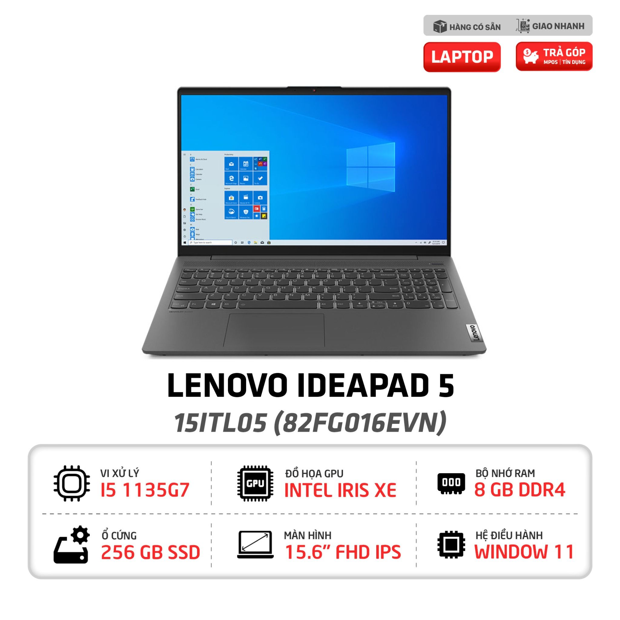 Laptop Lenovo IdeaPad 5 15ITL05 82FG016EVN i5-1135G7 | 8GB | 256GB | Intel Iris Xe | 15.6 inch FHD | Win 10 (Xám)