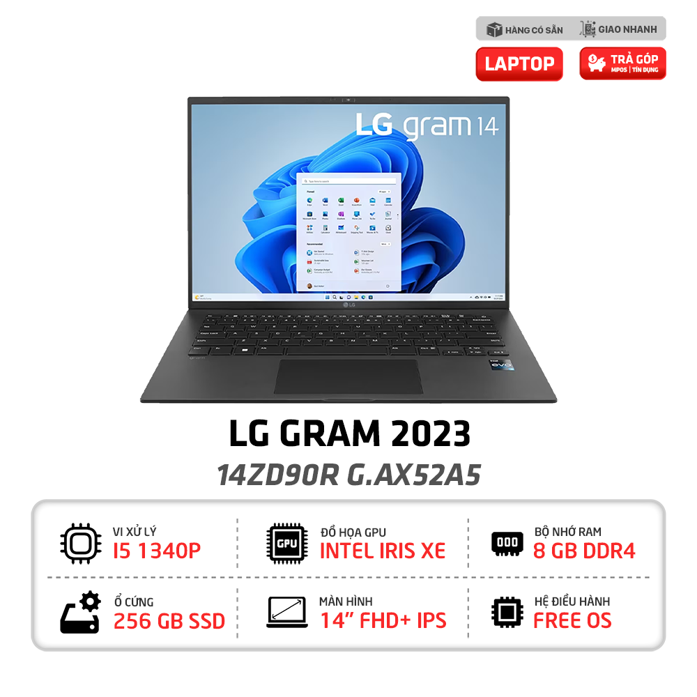 Laptop văn phòng LG Gram 2023 14ZD90R G.AX52A5 (i5-1340P Gen13, 8GB, 256GB, Đen)