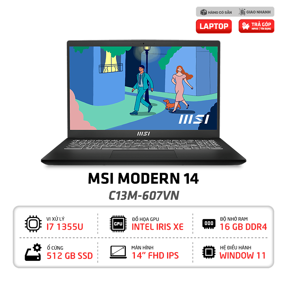 Laptop MSI Modern 14 C13M 607VN | i7-1355U | 16GB | 512GB SSD | UMA | 14 inch FHD | Win11 (Đen)