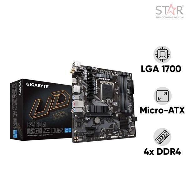  Mainboard Gigabyte B760M DS3H AX Wifi DDR4 | LGA 1700, mATX, 4 khe RAM 