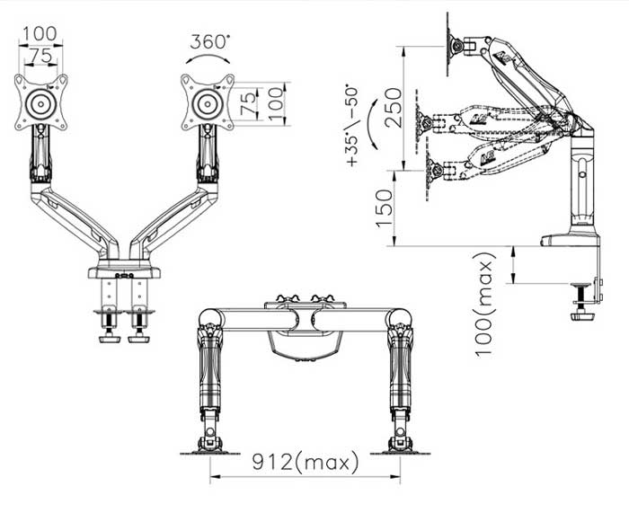 Kích thước tổng thể Chân Màn Hình LCD Northbayou F160