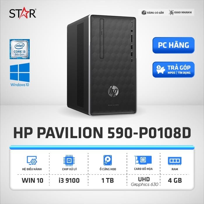 Máy Bộ HP Pavilion 590-p0108d 6DV41AA i3 9100 | 4GB | HDD 1TB | DVDRW | KB+ M | Win10 Home