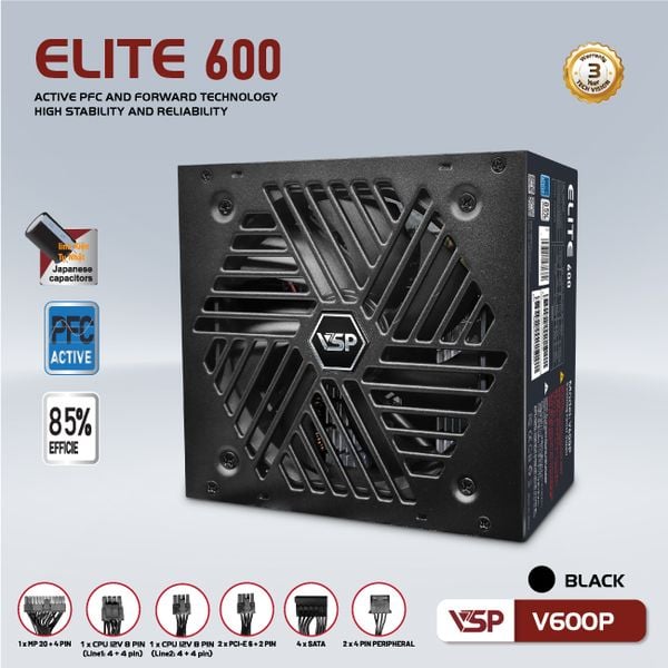  Nguồn máy tính Game Vsp Elite V600P - Đen | Non Modular, ATX 