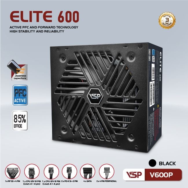 Nguồn máy tính VSP Elite Active PFC V600P - Đen | 600W, ATX