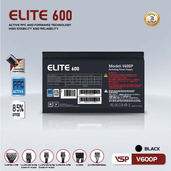 Nguồn máy tính VSP Elite Active PFC V600P - Đen | 600W, ATX