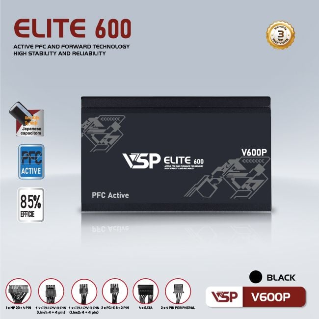 Nguồn máy tính VSP Elite Active PFC V600P - Đen | 600W, ATX