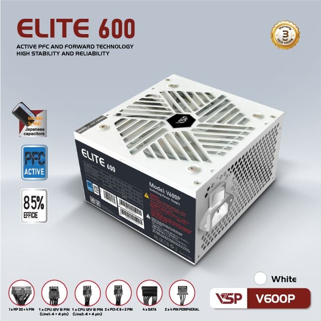 Nguồn máy tính VSP Elite Active PFC V600P - Trắng | 600W, ATX